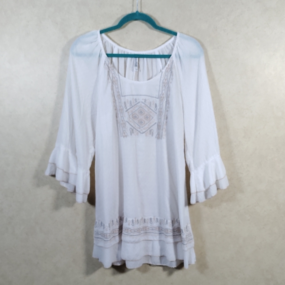 5178 Monoreno white w/tan & gray embroidery ruffle mini dress S